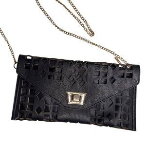 Vintage Black Faux Leather Cutout Envelope Clutch Crossbody Purse w/ Gold Chain